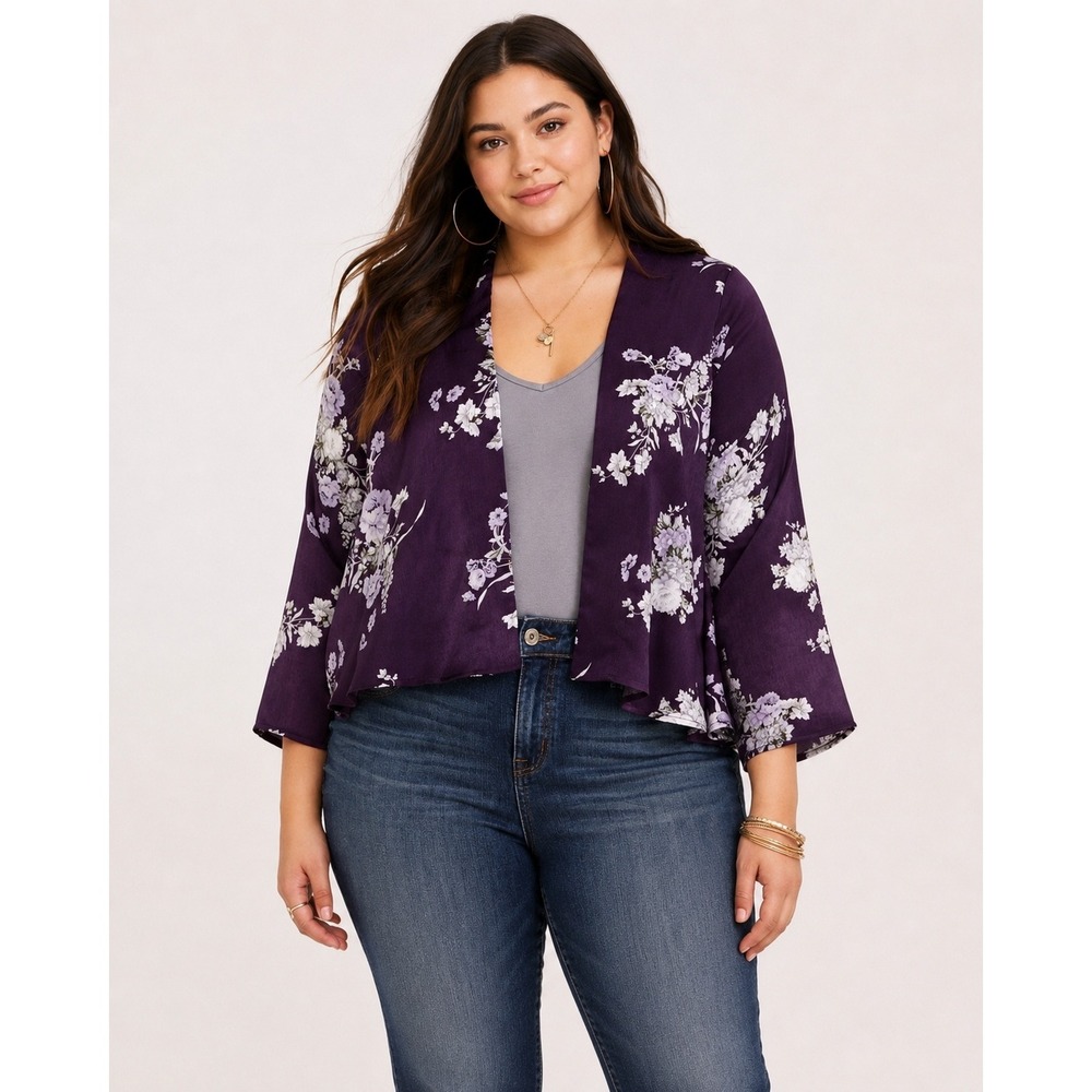 Torrid Purple Whimsigoth Floral Satin Dressy Kimono Size 3X/4X Boho Romantic